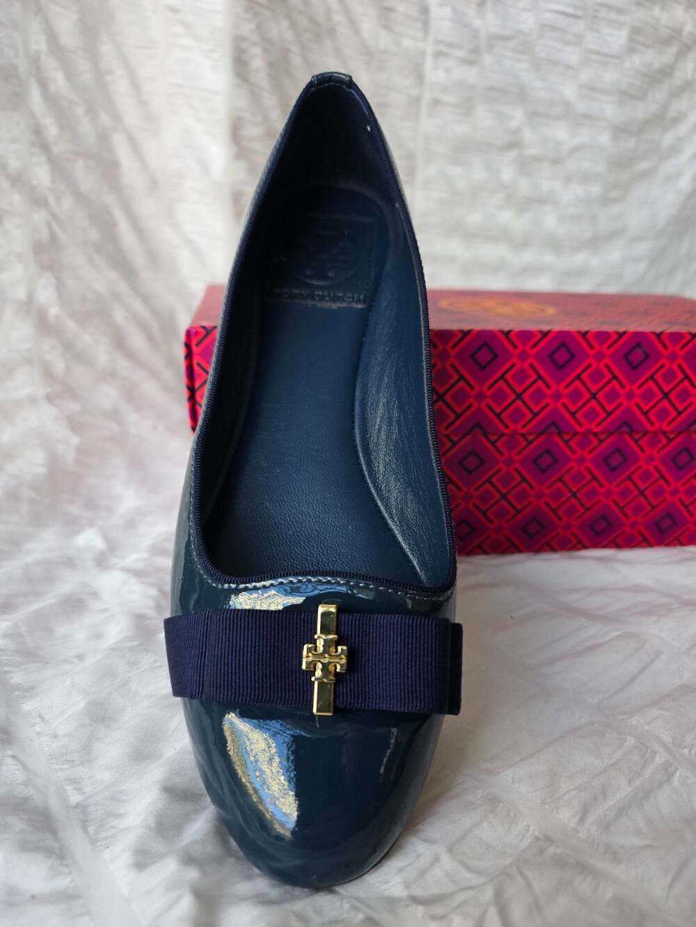 TORY BURCH Trudy navy blue patent grosgrain bow ballet smoking flats Size 6.5